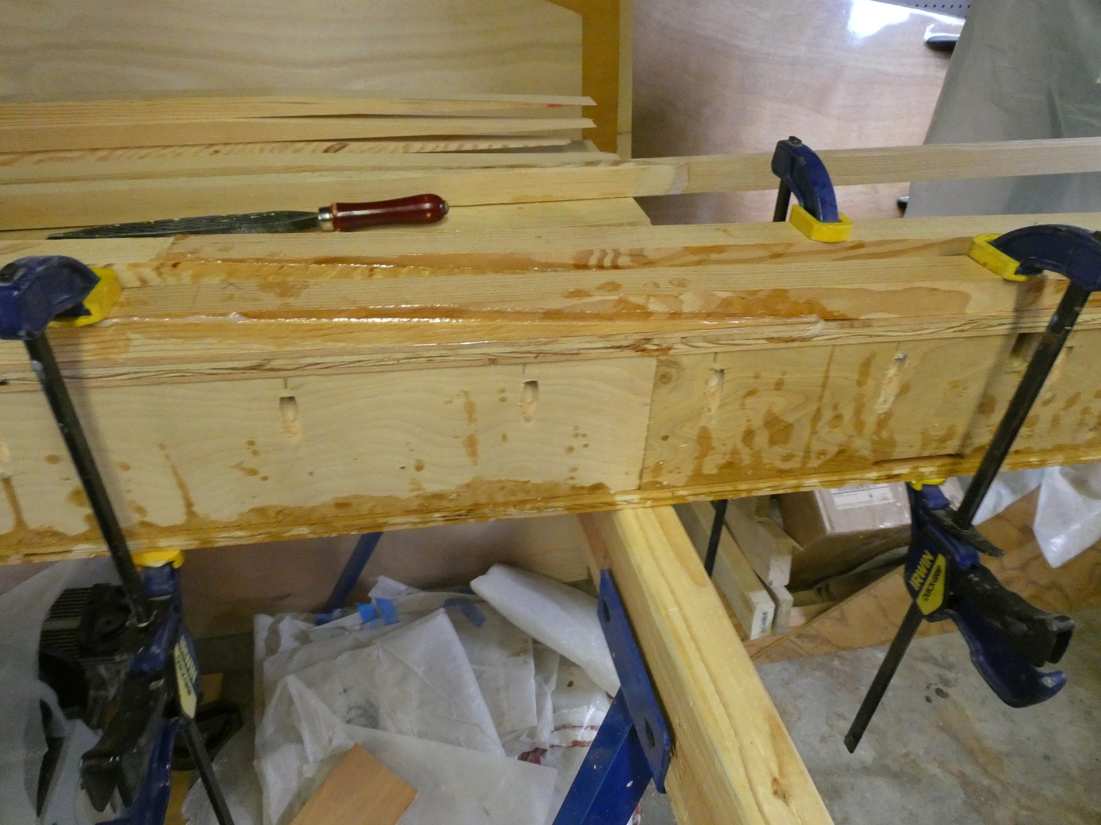 Two scarfs clamped and epoxy setting up